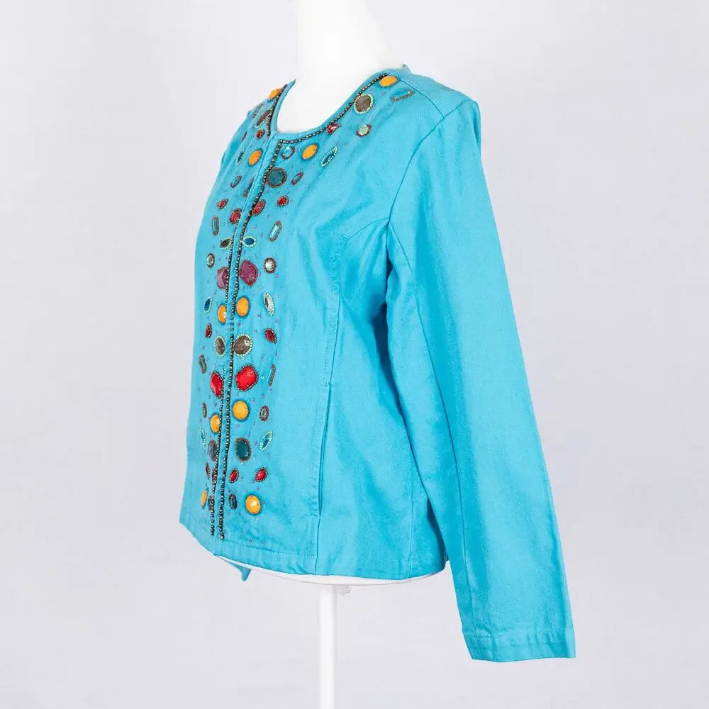LifeStyle Women's Beaded Cotton Jacket Blue SZ SMALL Colorful Festive Bohemian
